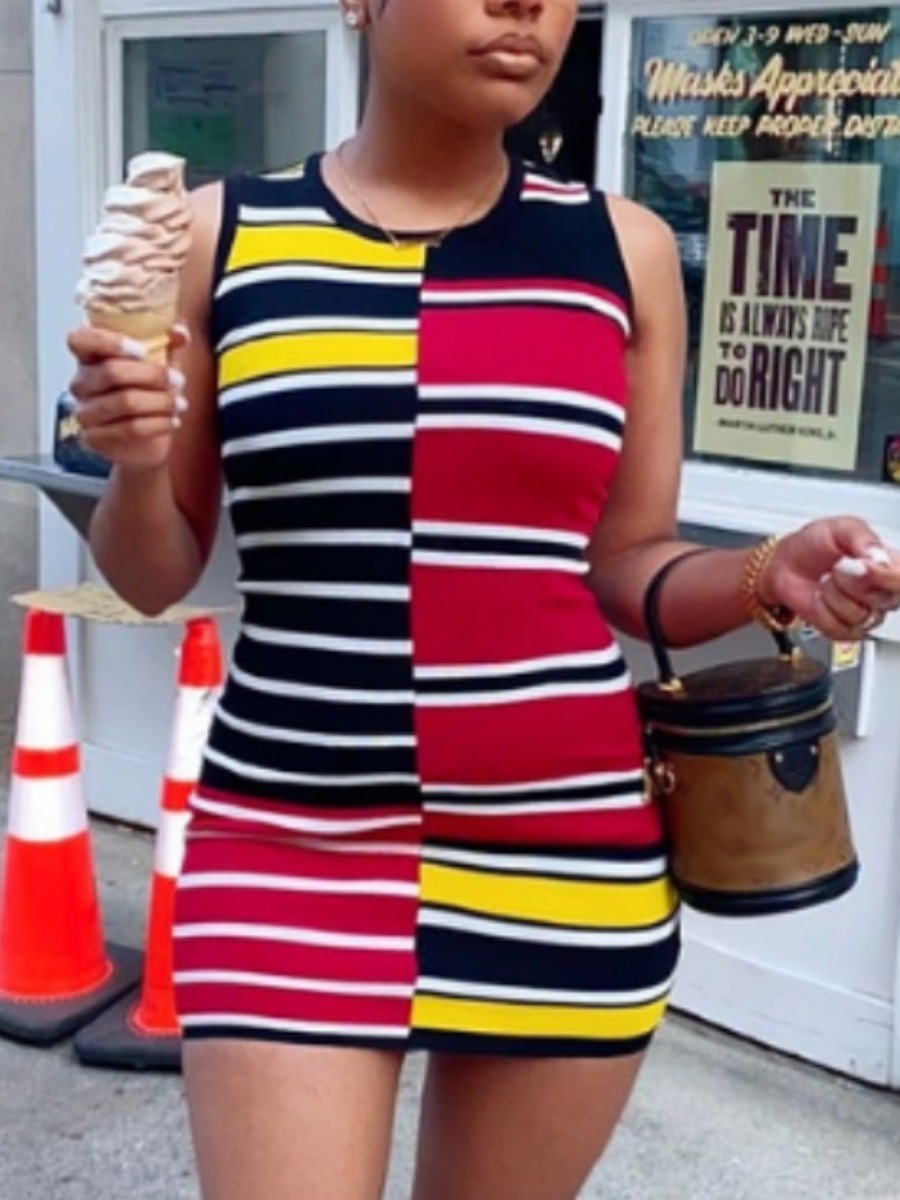 

LW Round Neck Striped Patchwork Dress, Stripe