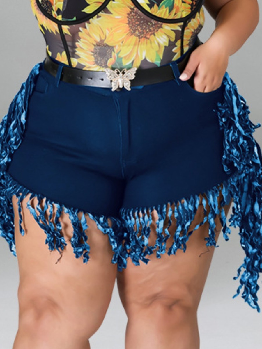 

LW Plus Size Tassel Design High Stretchy Denim Shorts, Deep blue
