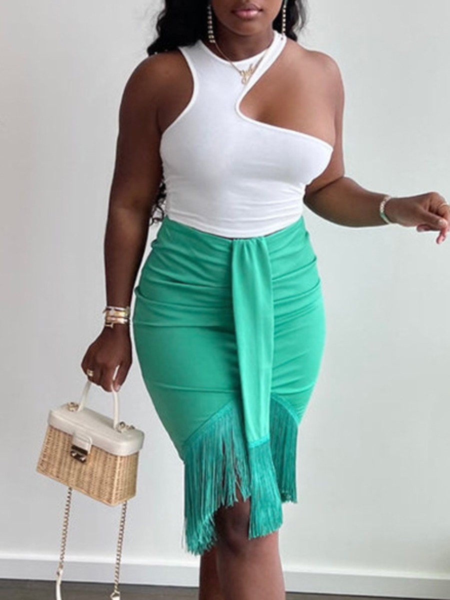 

LW One Shoulder Tassel Design Skirt Set, Light green