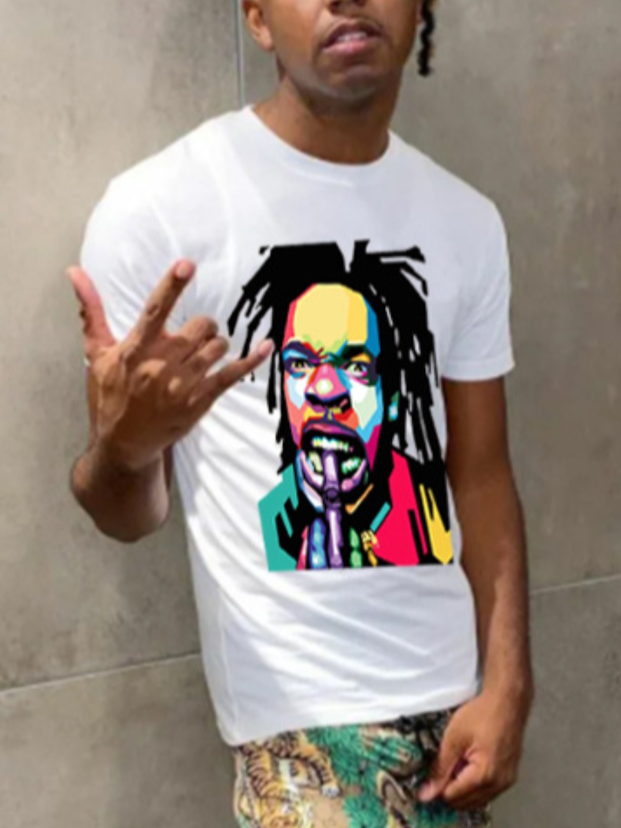 

LW Men Round Neck Figure Print T-shirt, White