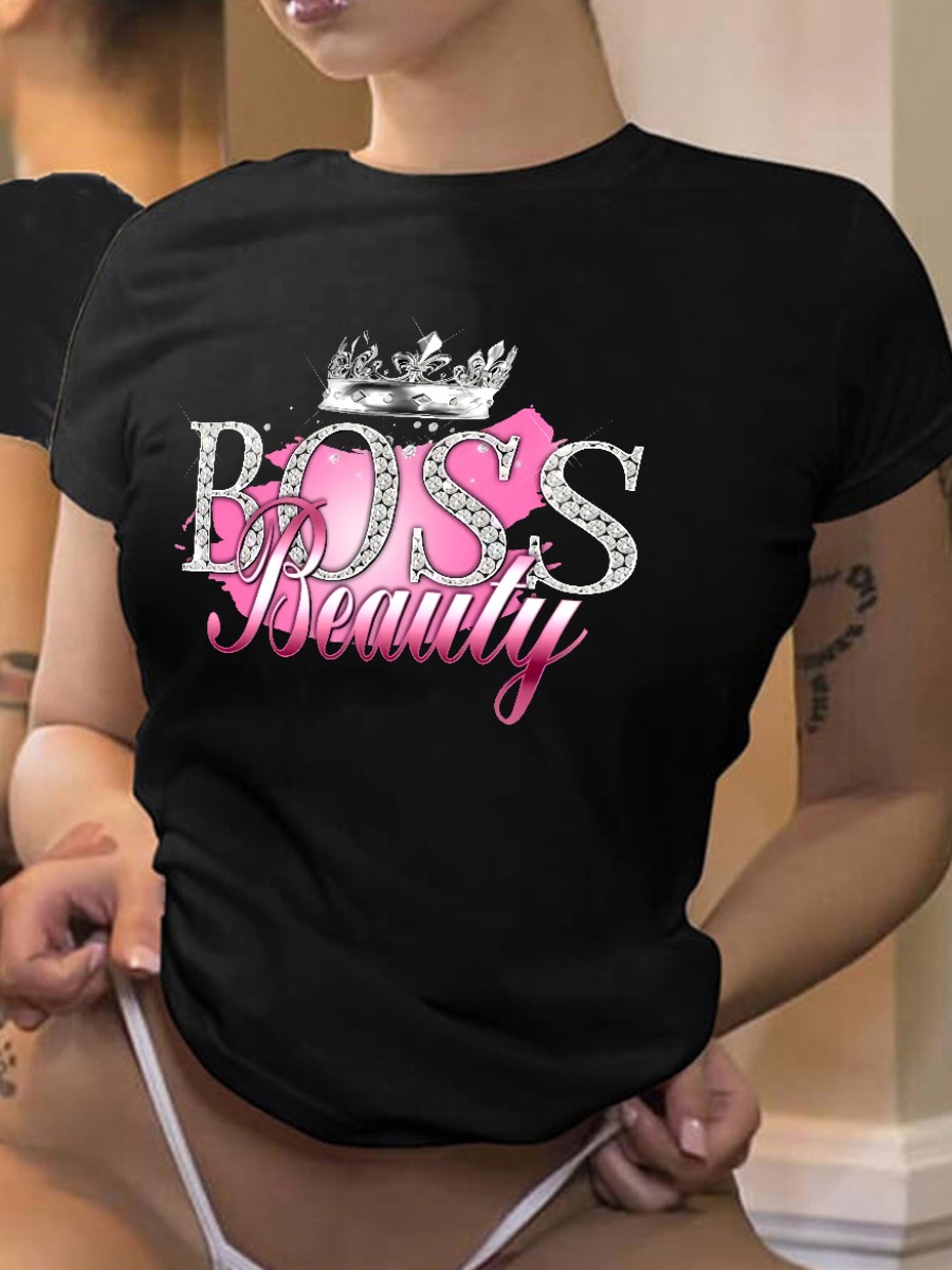 

LW Plus Size Crown Letter Print T-shirt, Black