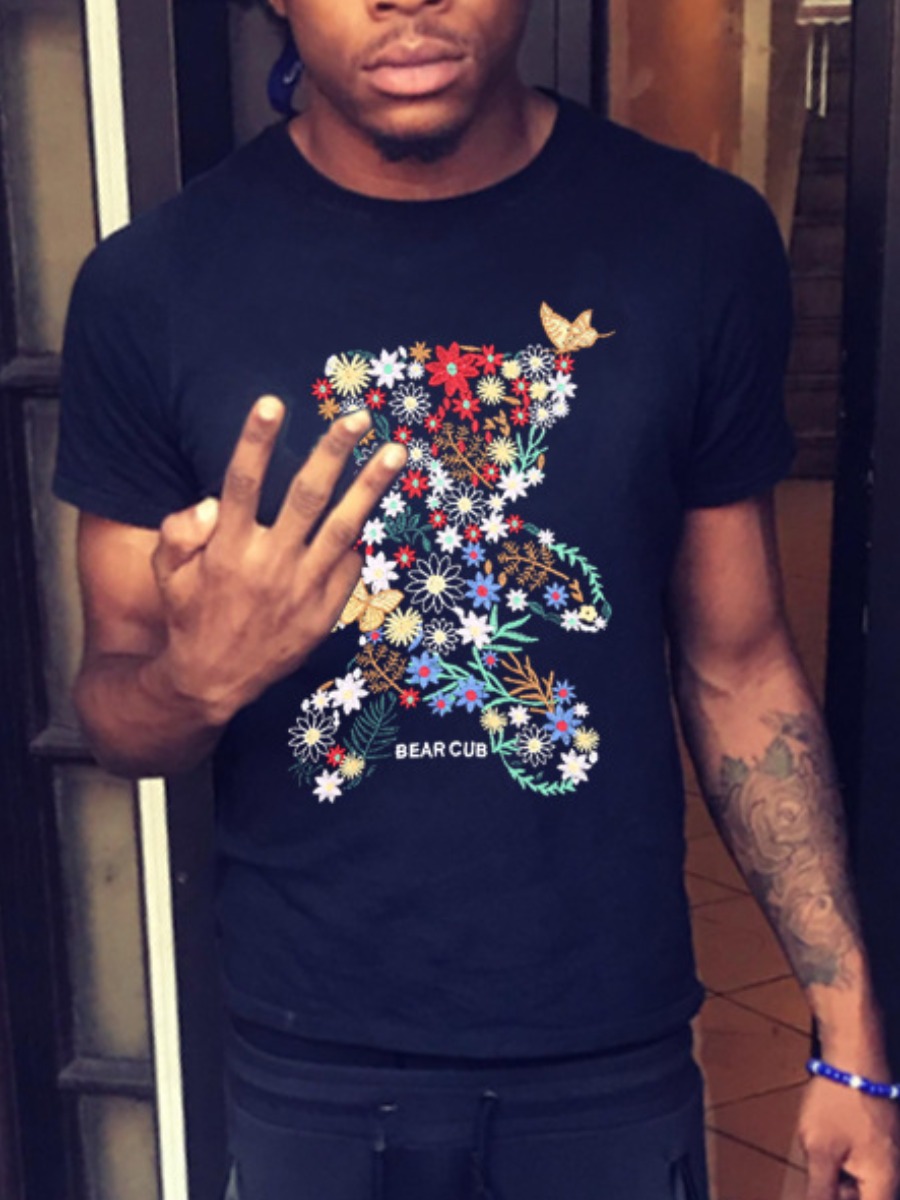 

LW Men Butterfly Floral Letter Print T-shirt, Black