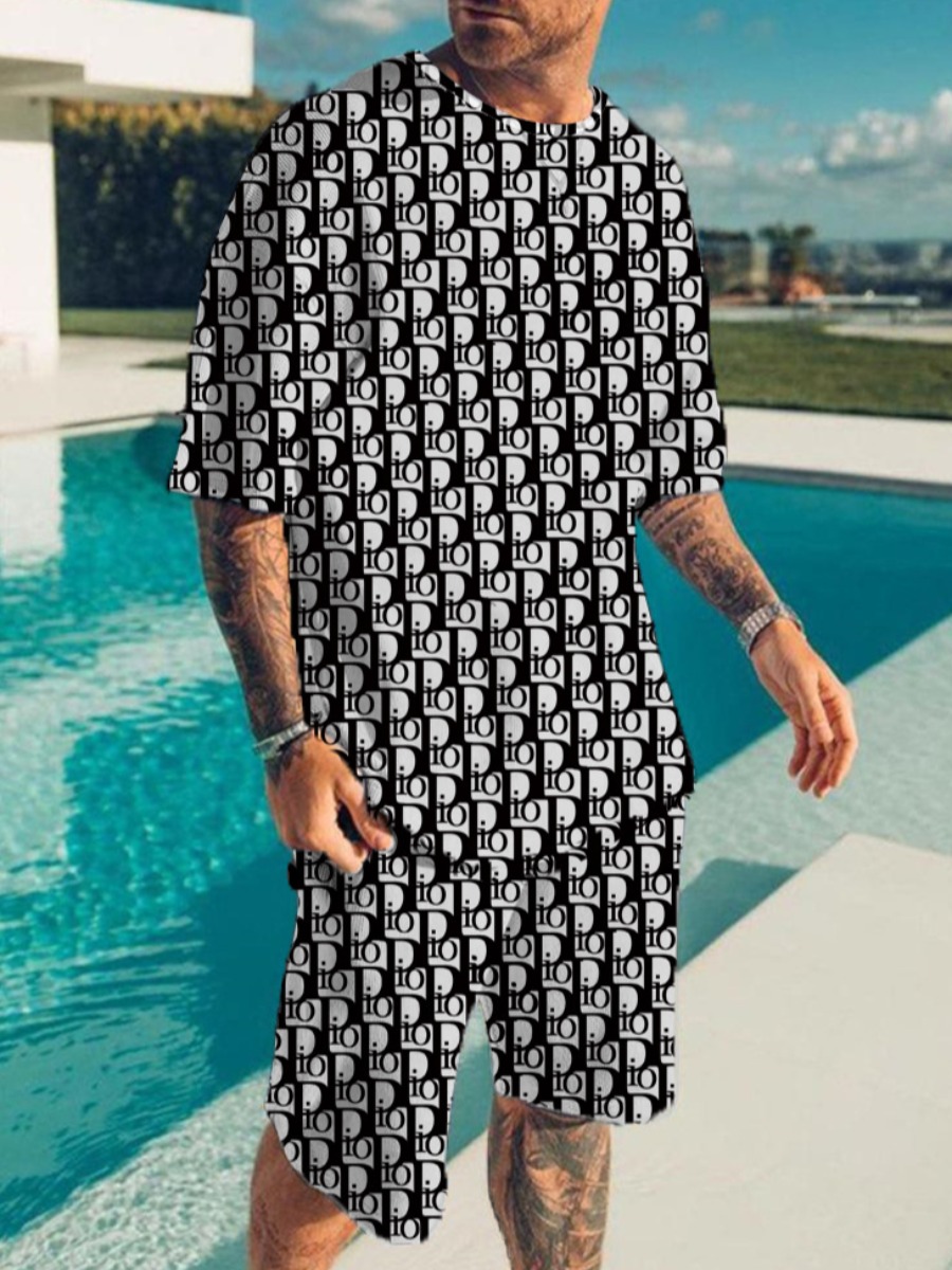 LW Men Round Neck Geometric Print Shorts Set