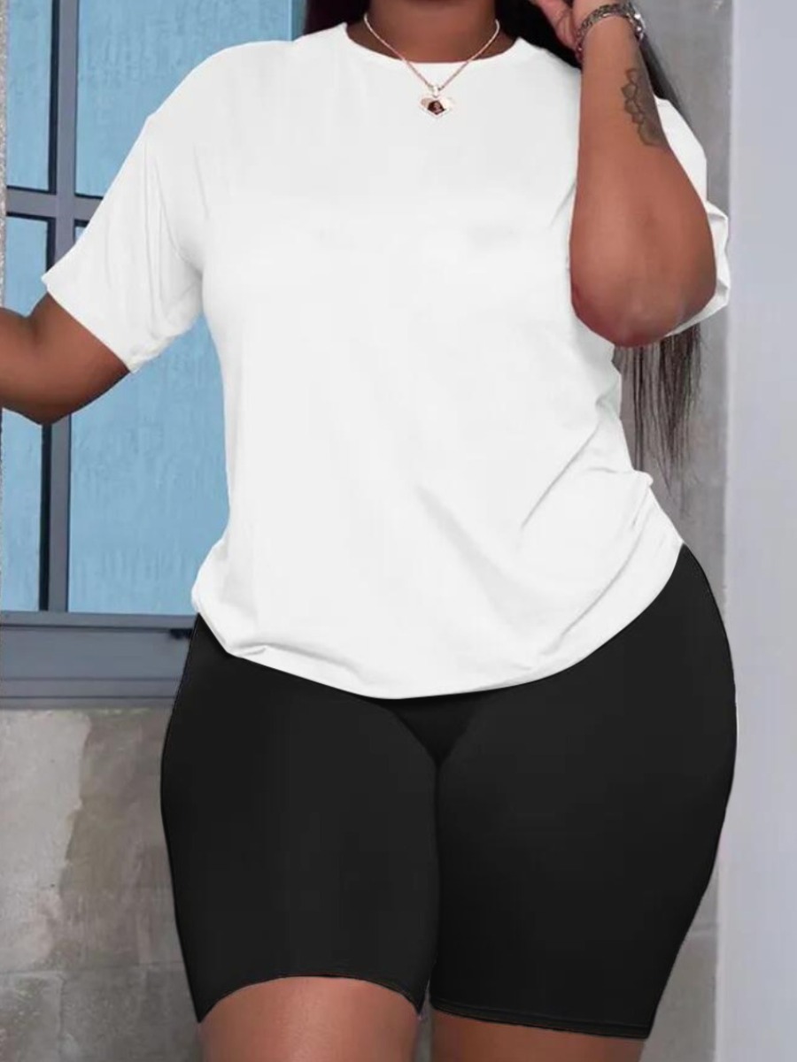 LovelyWholesale BASICS Plus Size Solid Color Stretchy Shorts Set Summer Short Sleeve Casual Basic Round Neck  5X Spring Summer 2024