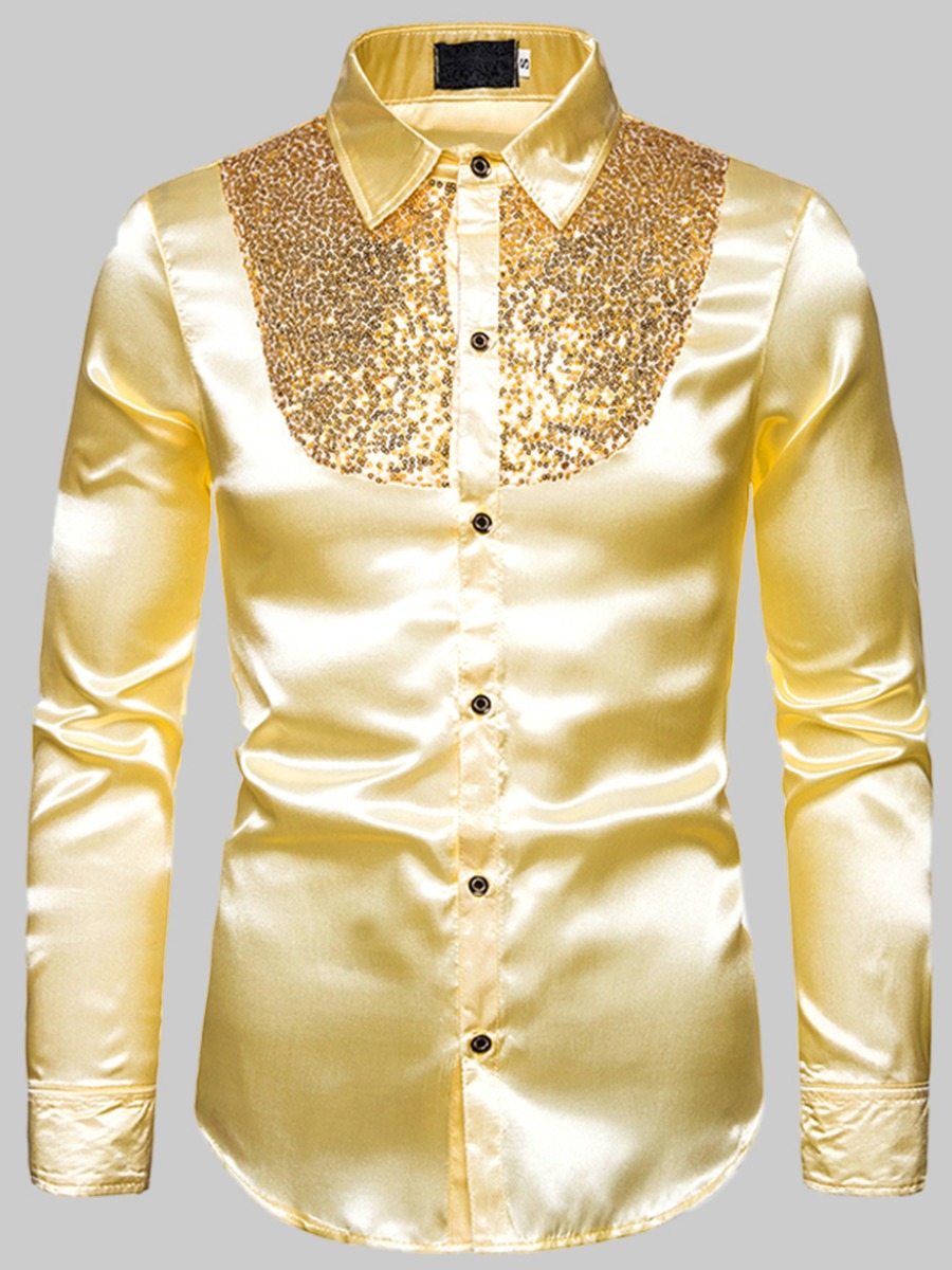 

LW COTTON Men Turndown Collar Sequined Shirt, Gold
