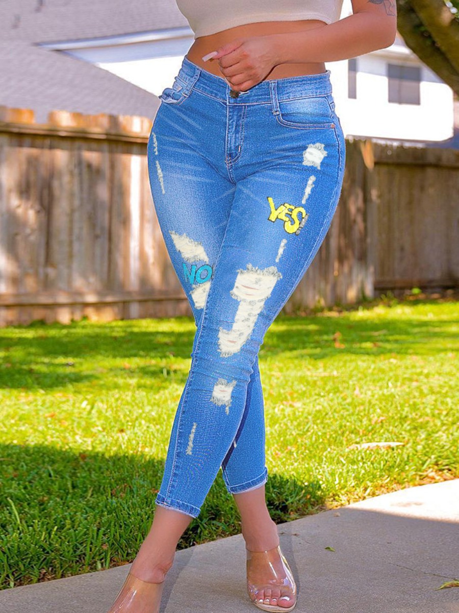 

LW Letter Print Ripped Denim Shorts, Blue