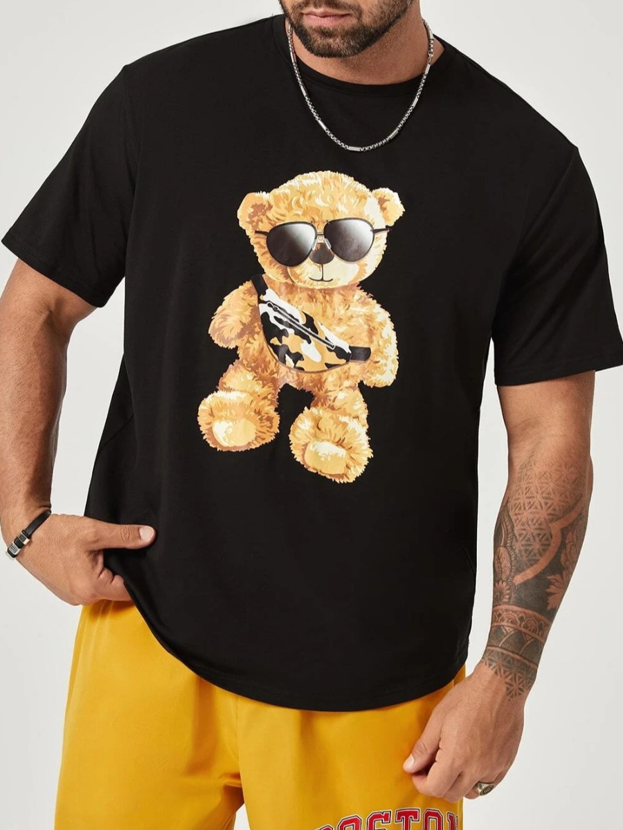 

LW Men Cartoon Print Patchwork T-shirt, Black