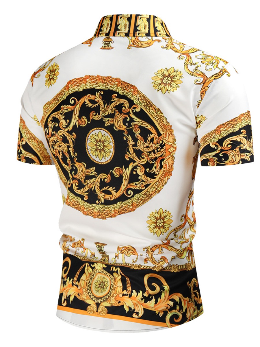 LW COTTON Men Turndown Collar Baroque Print Shirt