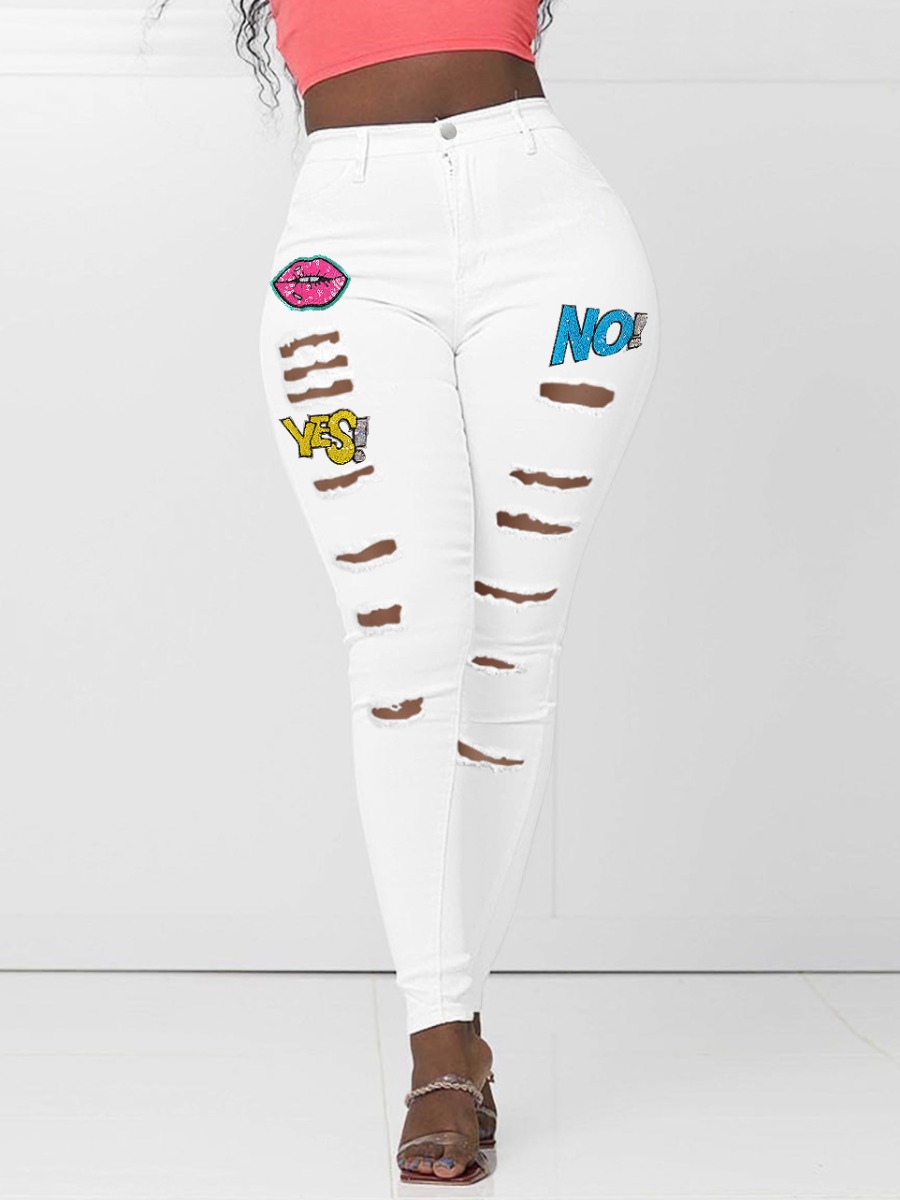 

LW Letter Lip Print Ripped Jeans, White