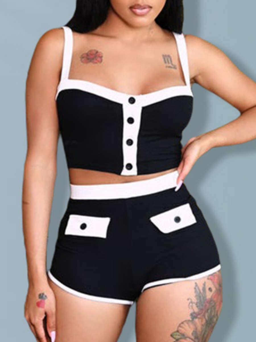 

LW Crop Top Button Design Shorts Set, Black
