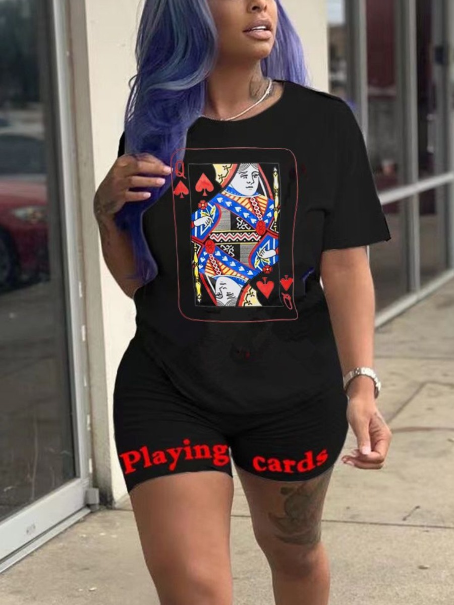 

LW Plus Size Poker Letter Print Shorts Set, Black