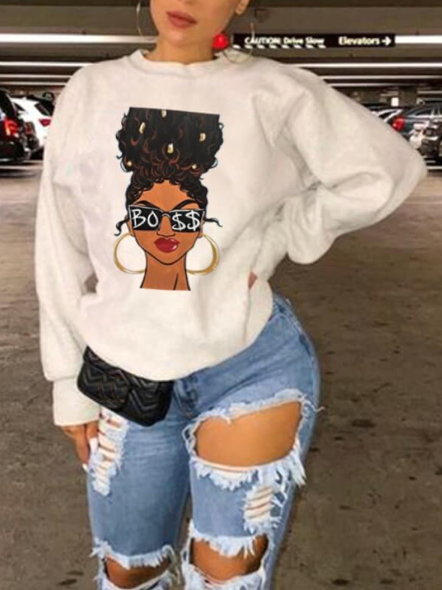 LovelyWholesale Leisure O Neck Print White Sweatshirt Fall Casual Basic Round Neck Spring Summer 2024