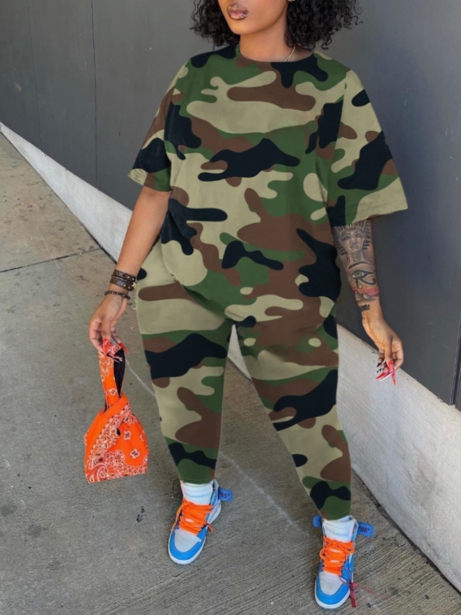 LW Plus Size Round Neck Camo Print Pants Set