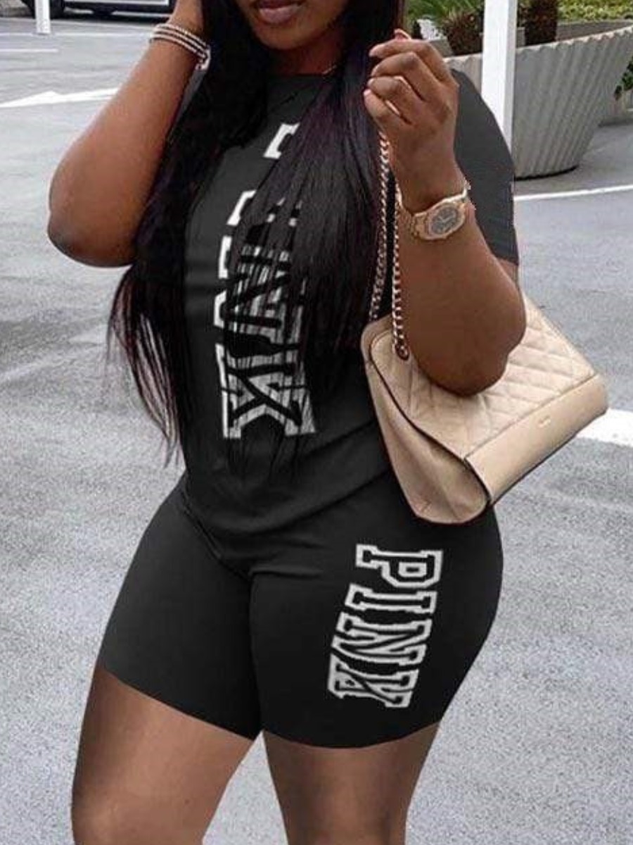 

LW Plus Size Pink Letter Basic Shorts Set, Black