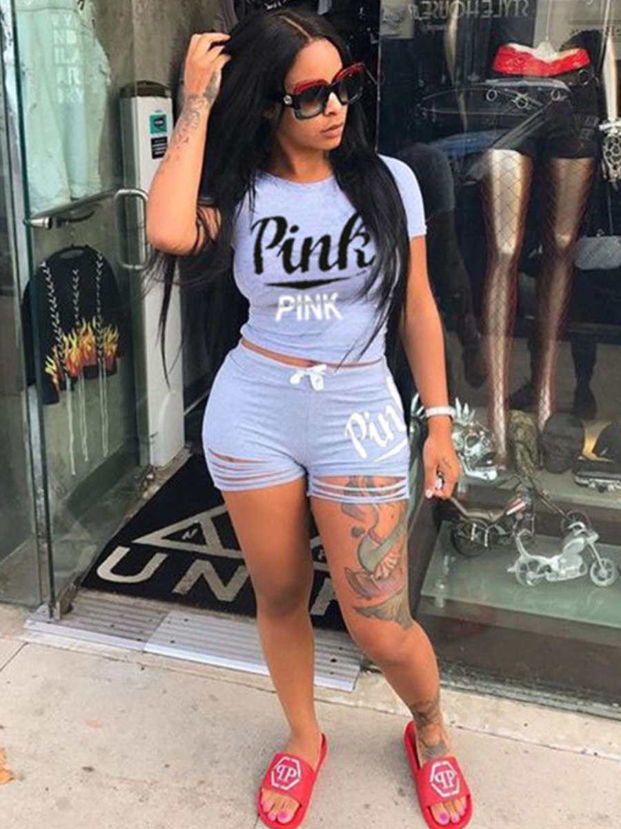 LW Pink Letter Print Ripped Shorts Set
