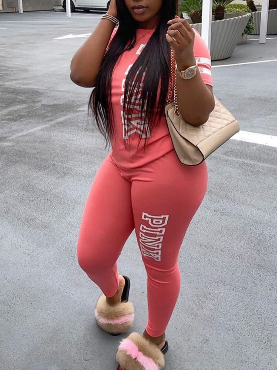 LW Plus Size Pink Letter Print Pants Set