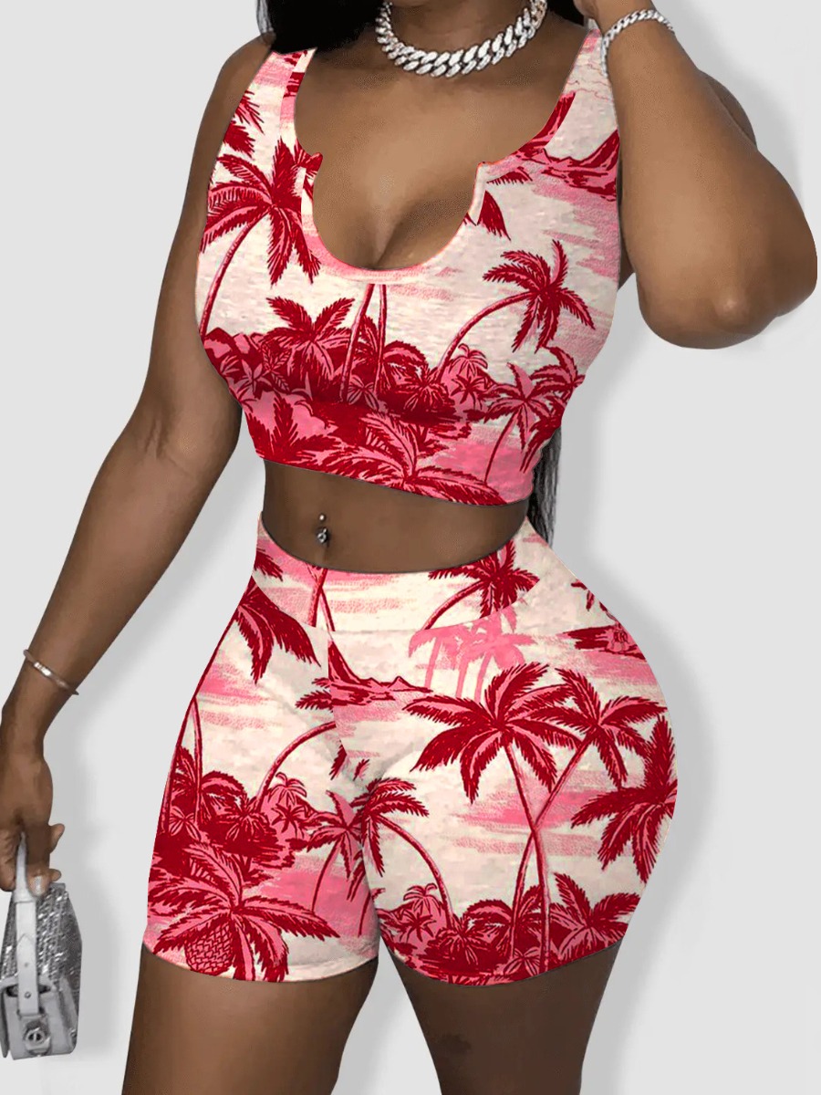 

LW Crop Top Tree Floral Print Shorts Set, Red