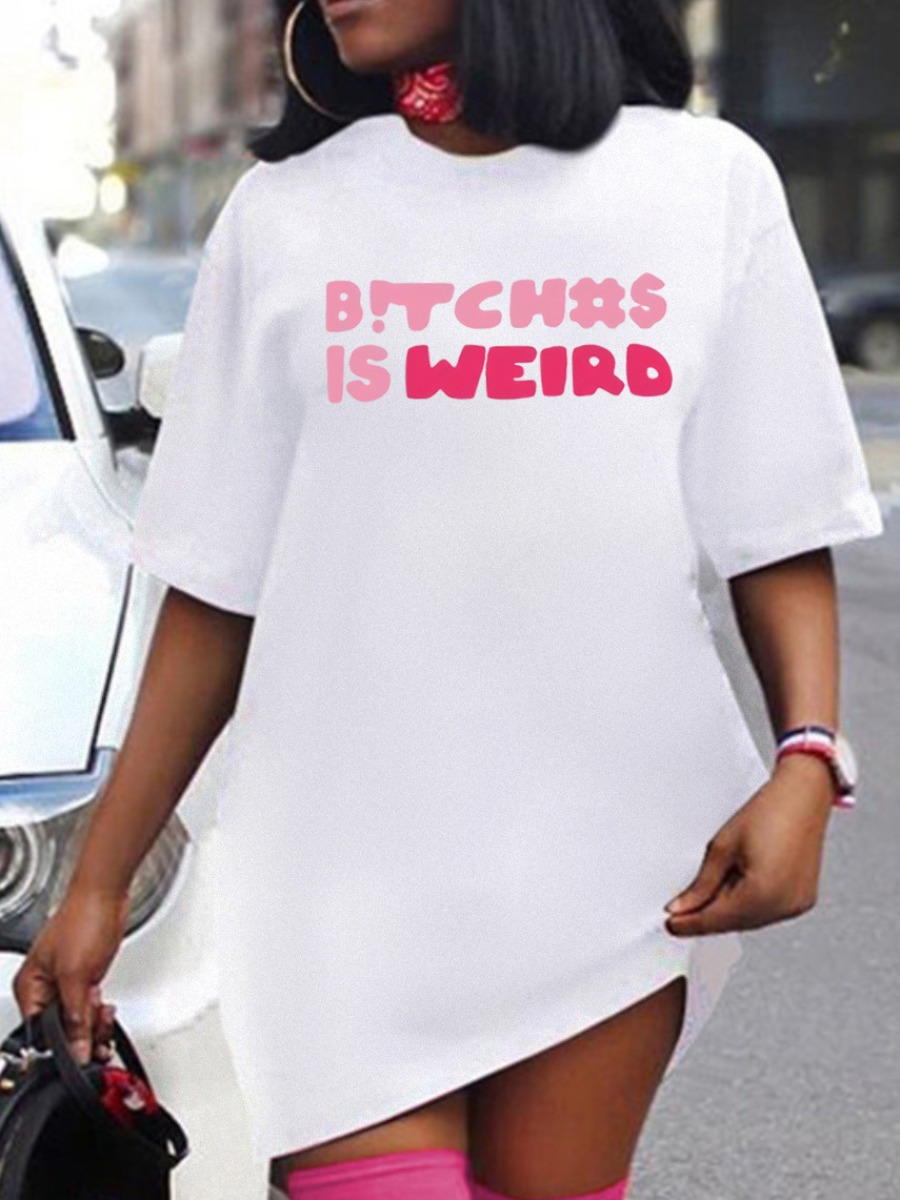 LW Round Neck Letter Print Loose T-shirt Dress