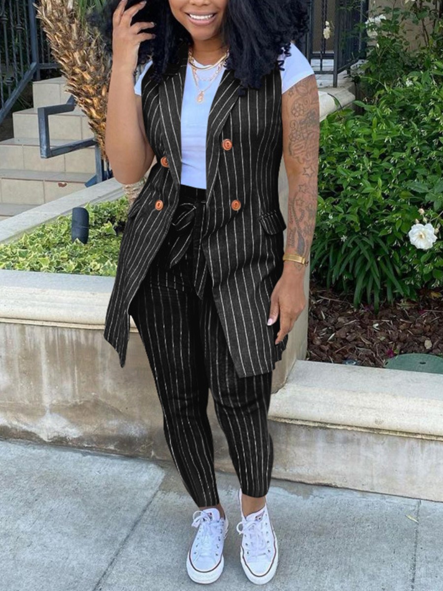 LW Plus Size Striped With Belt Blazer Pants Set (Without T-shirt)