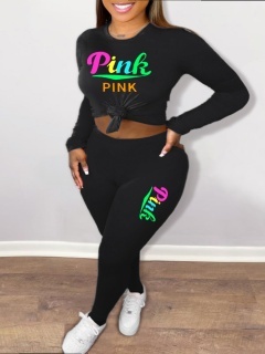 LW Plus Size Pink Letter Print Pocket Design Pants Set