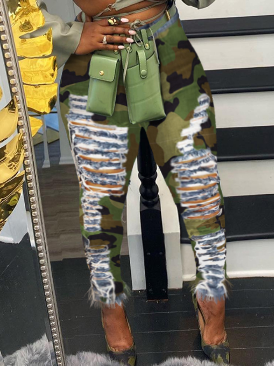 LW High Stretchy Broken Holes Camouflage Printed Jeans