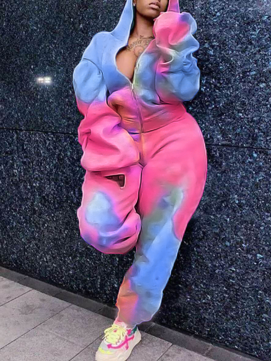 LovelyWholesale Plus Size Hooded Collar Tie Dye Oversized Tracksuit Set Fall Long Sleeve Casual Basic Hooded Collar  5X Spring Summer 2024