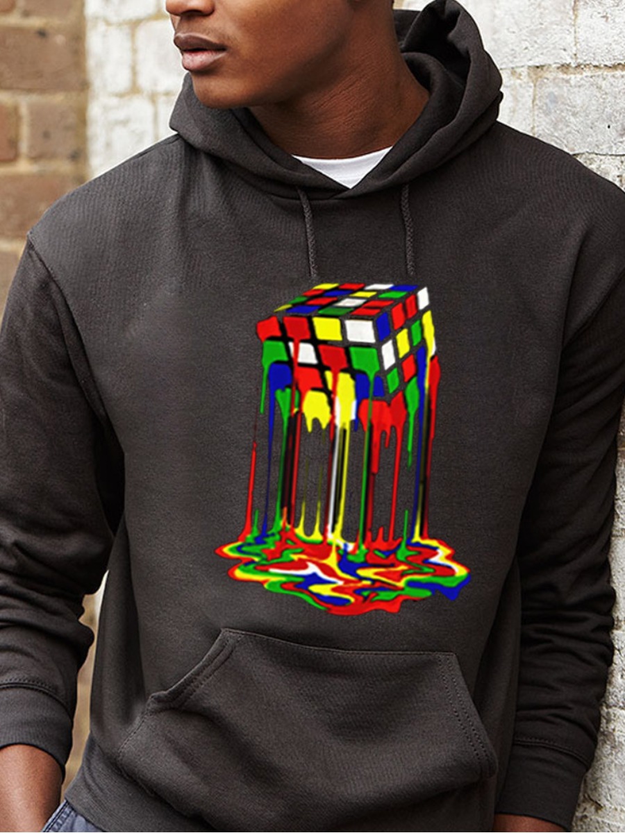 LW Men Rubik s Cube Print Kangaroo Pocket Hoodie