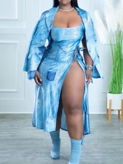 LW Plus Size Imitation Denim High Split Cami Blazer Dress Set