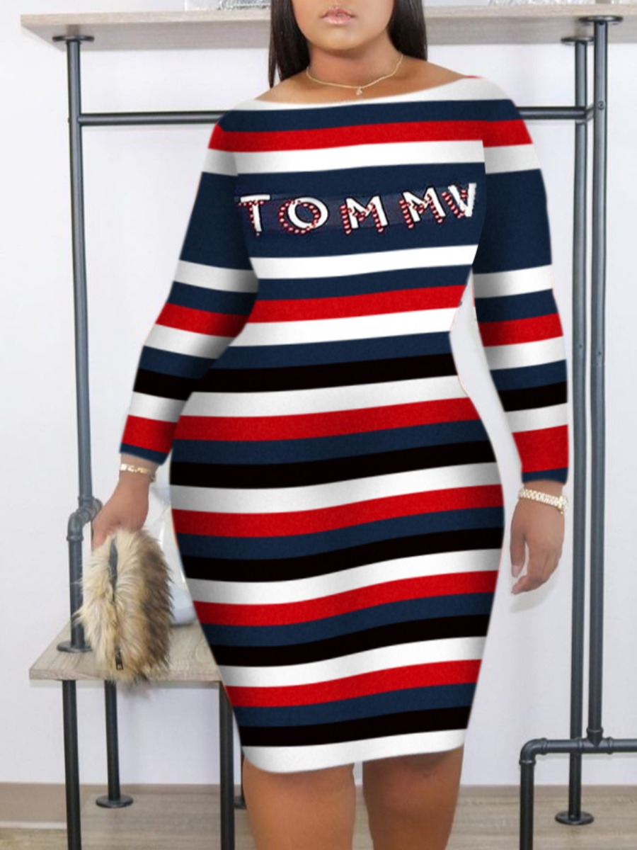 LW Plus Size Letter Print Striped Bodycon Dress