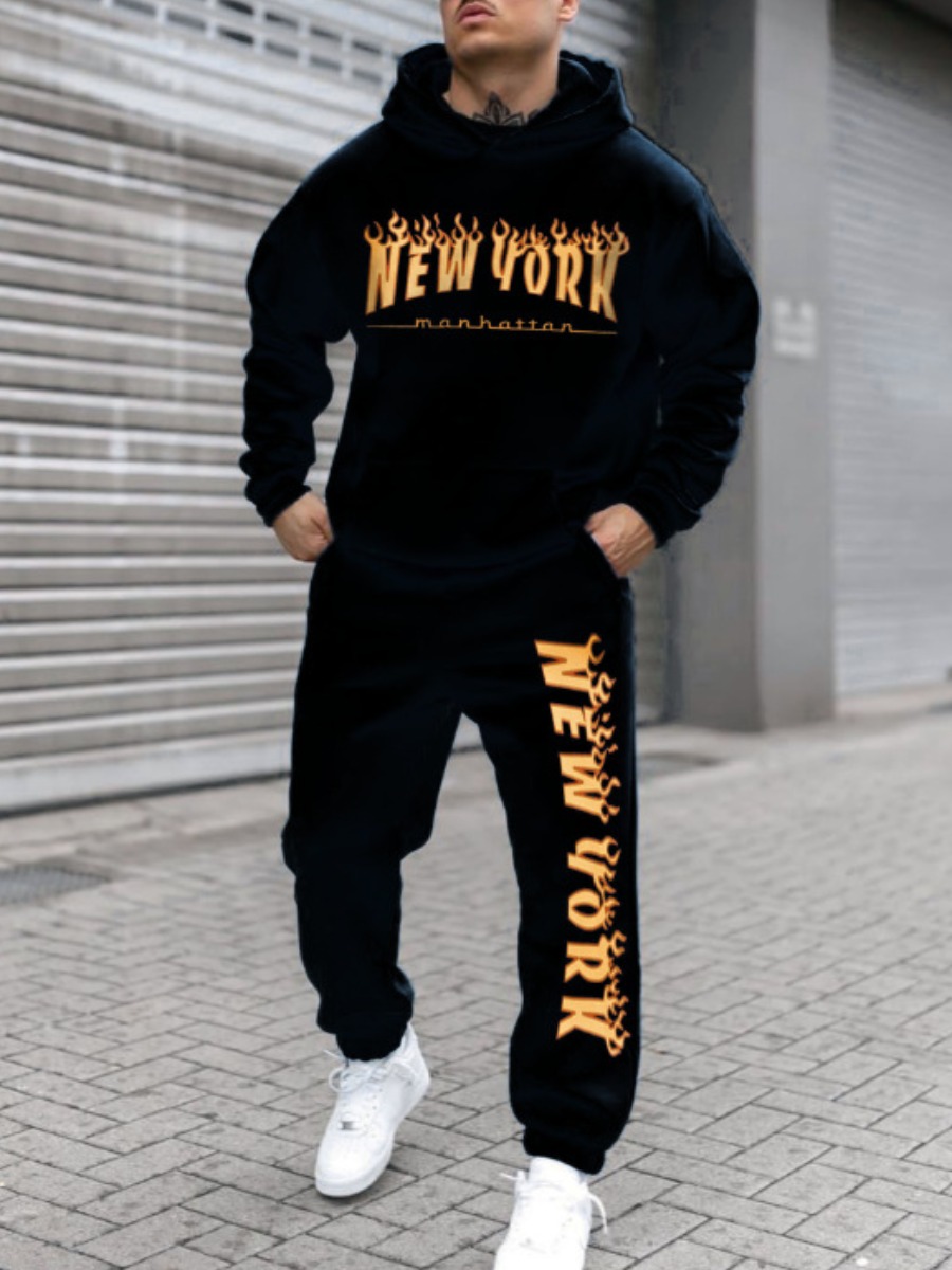 LW Men Flame Letter Print Tracksuit Set