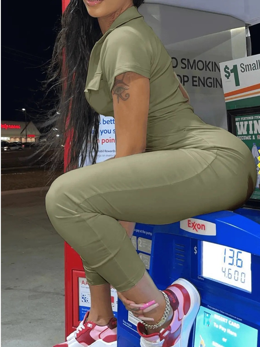 LW BASICS Turndown Collar Zipper Design Jumpsuit