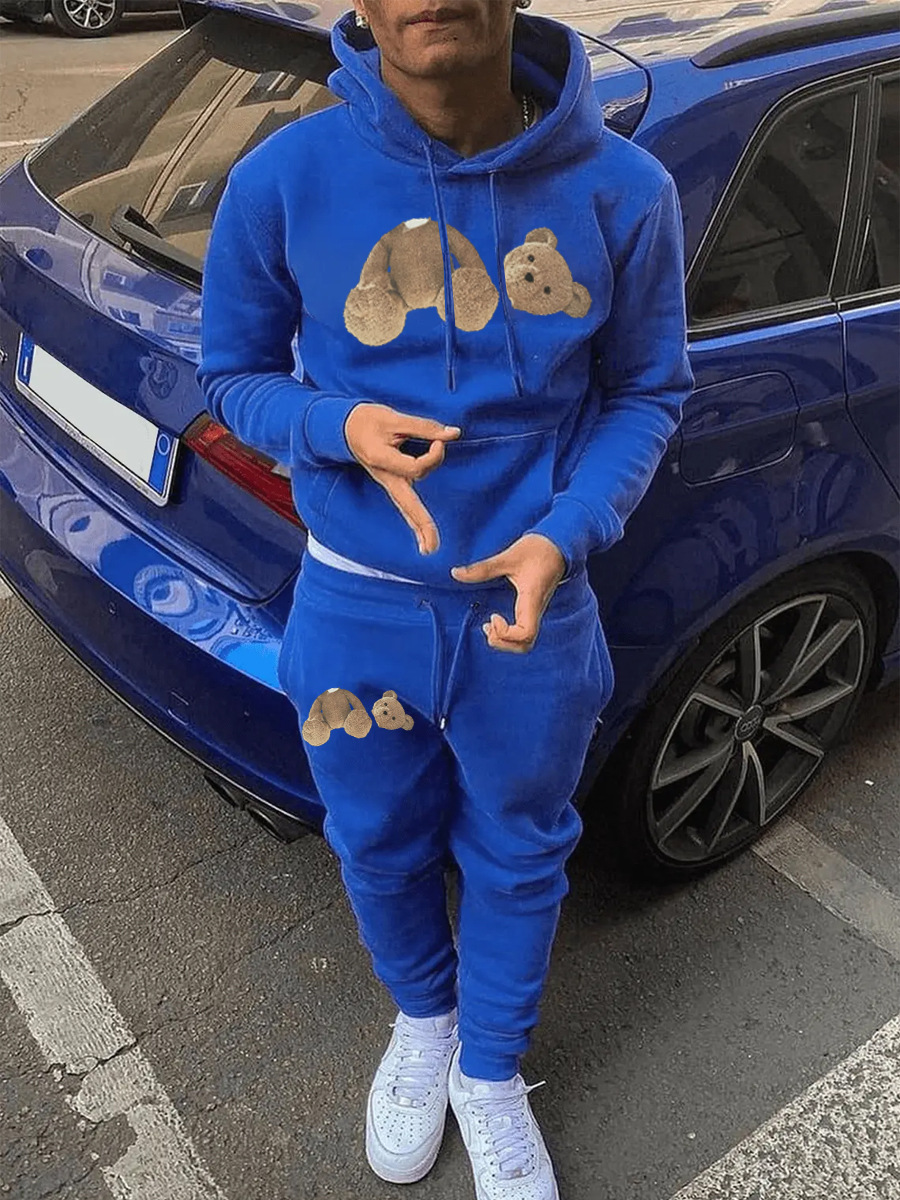 LW Men Cartoon Print Kangaroo Pocket Tracksuit Set