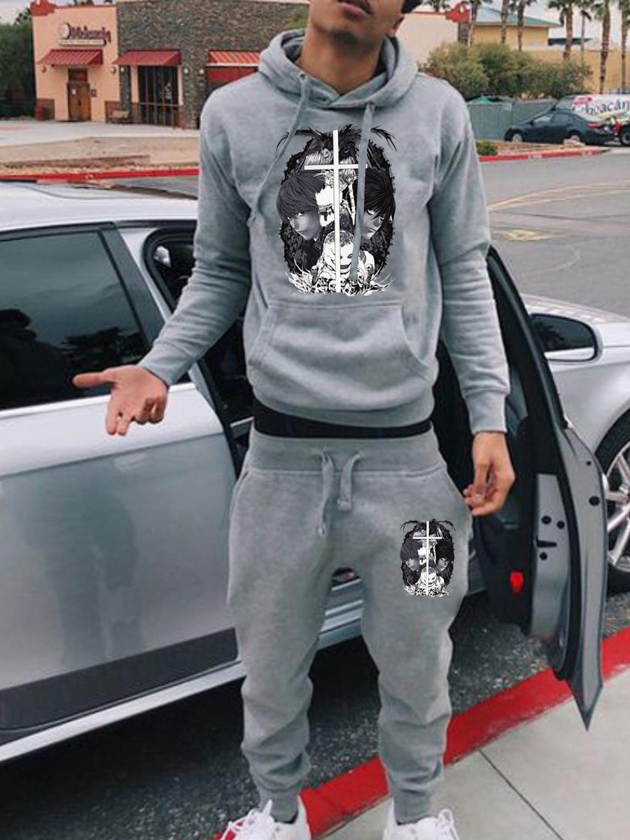 LW Men Cartoon Print Kangaroo Pocket Tracksuit Set