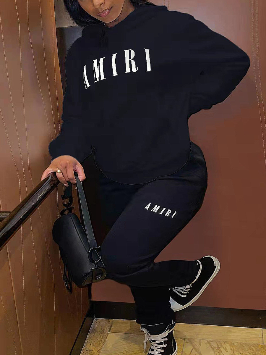 LovelyWholesale Plus Size Letter Print Kangaroo Pocket Tracksuit Set Fall Long Sleeve Casual Hooded Collar  5X Spring Summer 2024