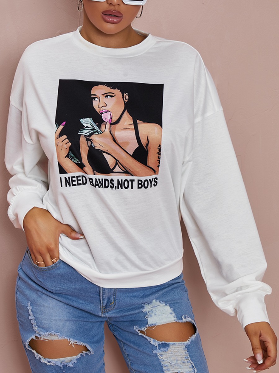 LW Casual O Neck Print White Hoodie