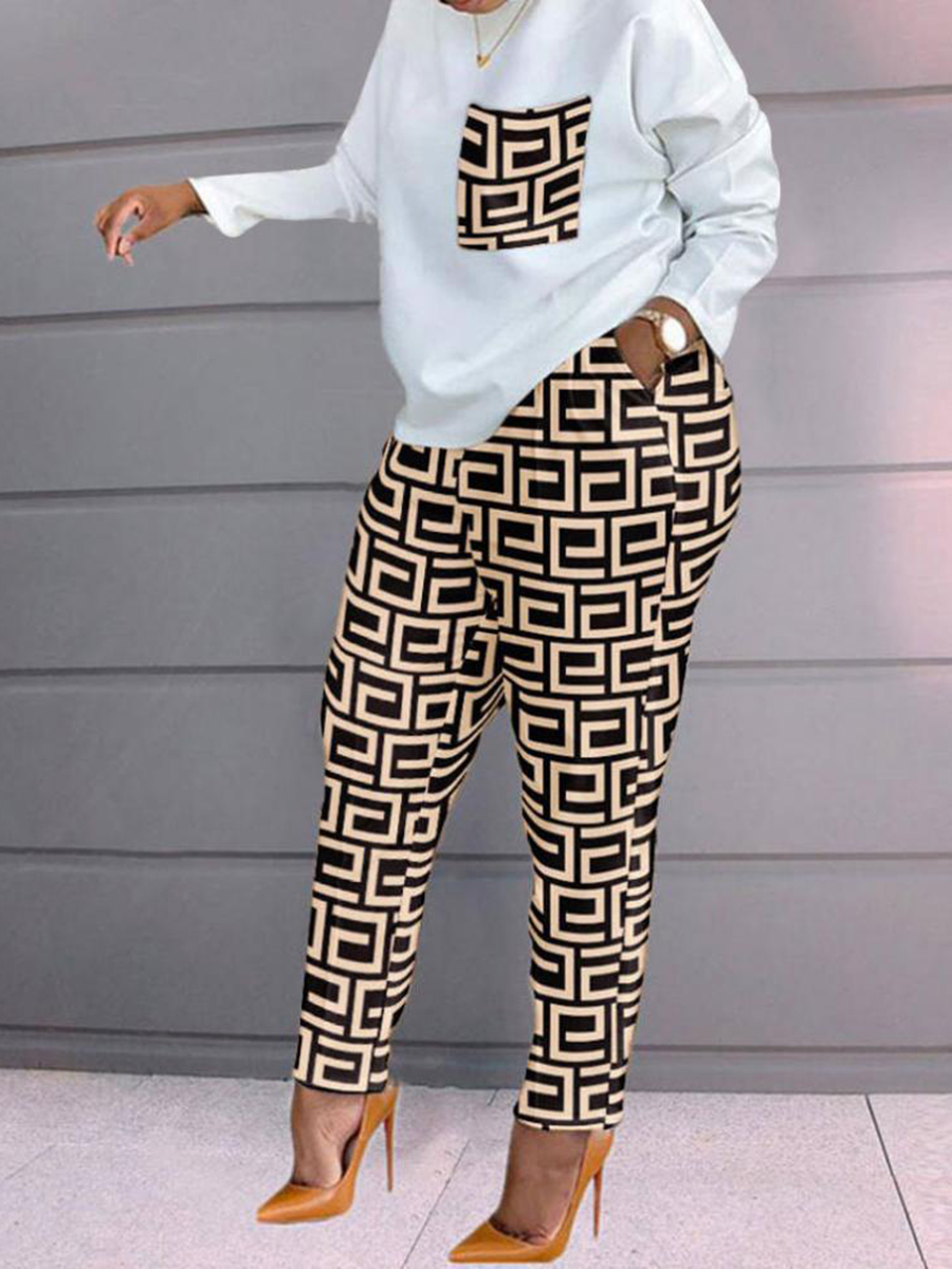 LovelyWholesale Geometric Print Patchwork Pants Set Fall Long Sleeve Street Patchwork Round Neck Spring Summer 2024