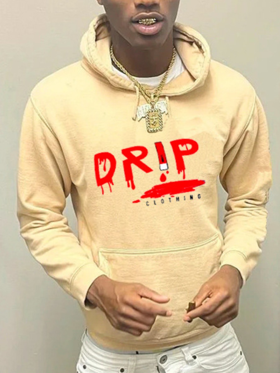 LovelyWholesale Men Drip Letter Print Kangaroo Pocket Hoodie Fall Long Sleeve Casual Graffiti Element Hooded Collar Spring Summer 2024