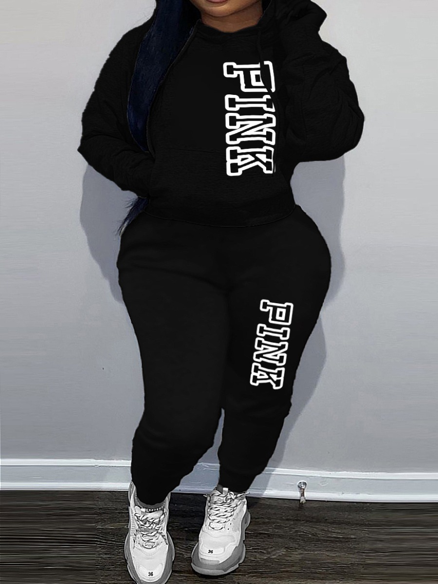 LW Plus Size Pink Letter Print Kangaroo Pocket Tracksuit Set