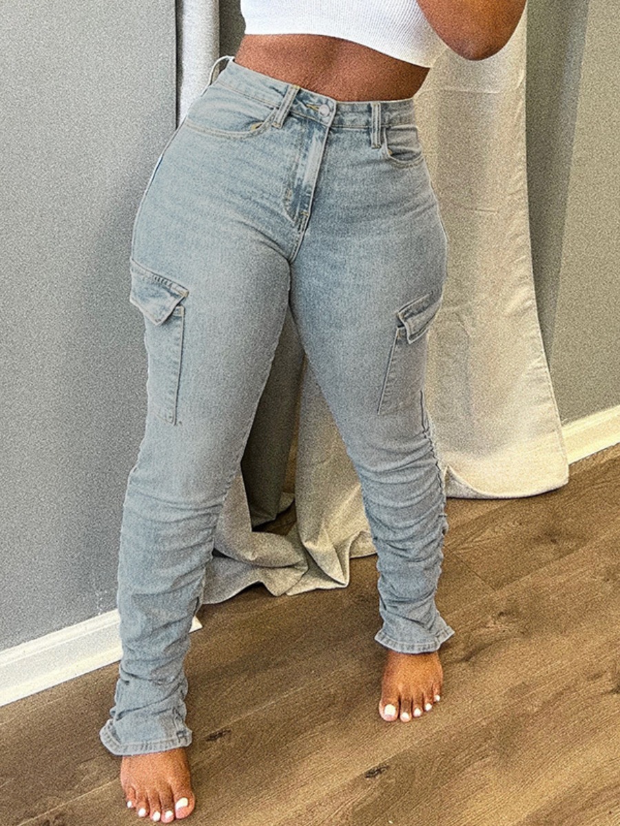 LovelyWholesale Mid Waist Side Pocket High Stretchy Cargo Jeans Spring|Fall Street Spring Summer 2024