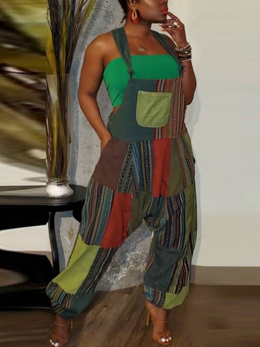 LovelyWholesale Color-lump Patchwork Overall Jumpsuit Summer|Spring Sleeveless Casual Patchwork Collarless Spring Summer 2024