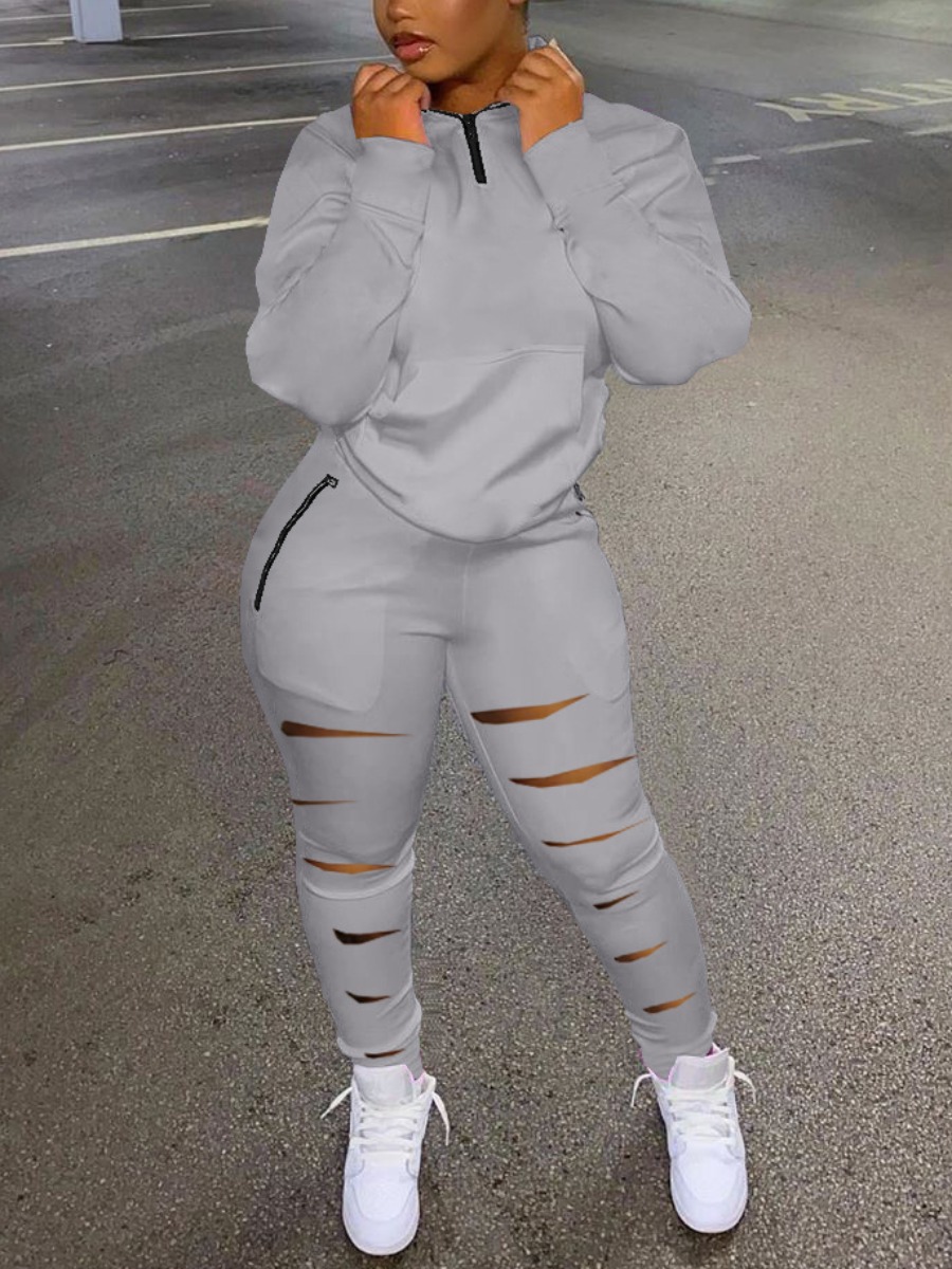 LW Kangaroo Pocket Ripped Pants Set