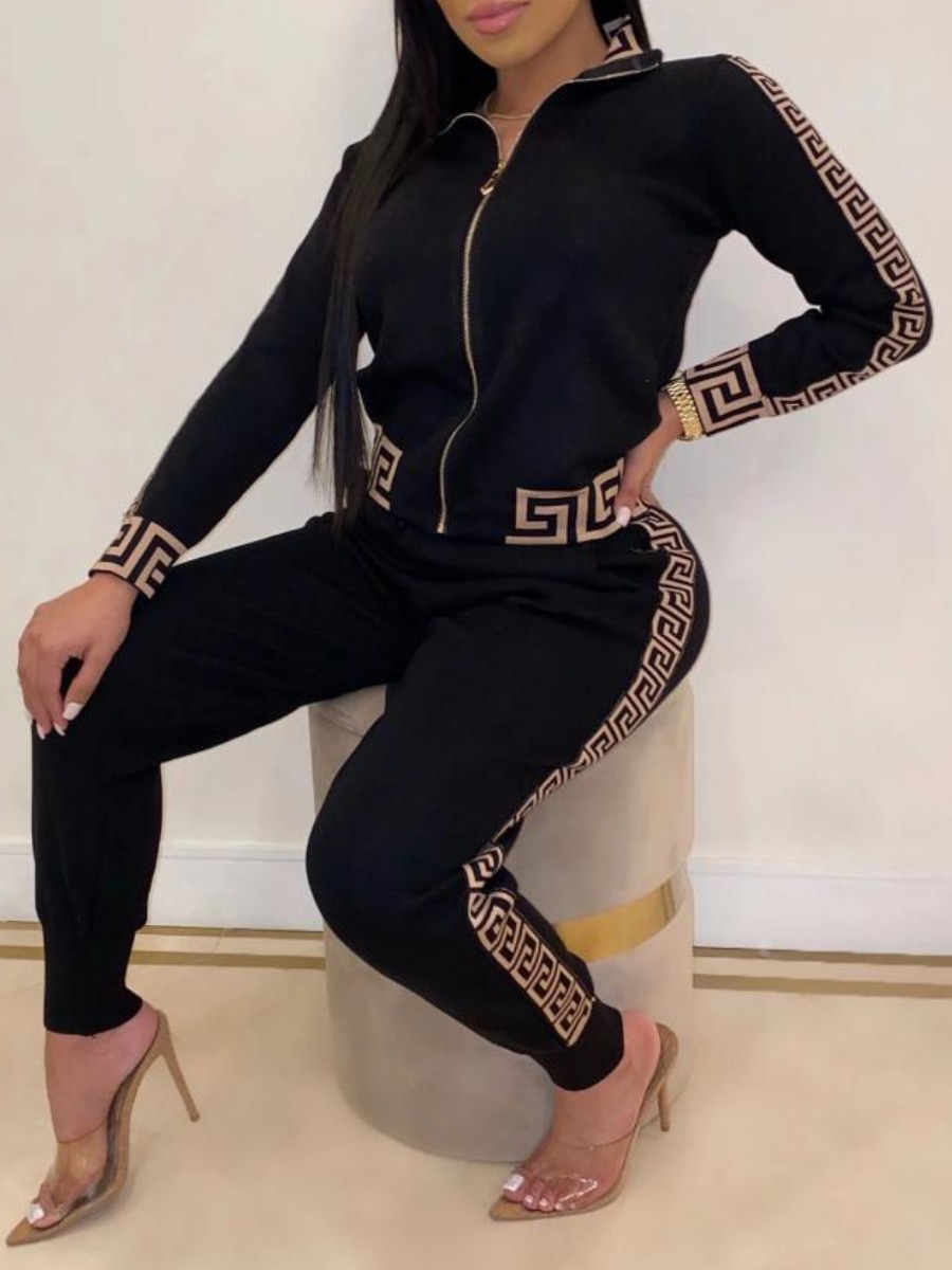 LW Geometric Print Zipper Design Pants Set