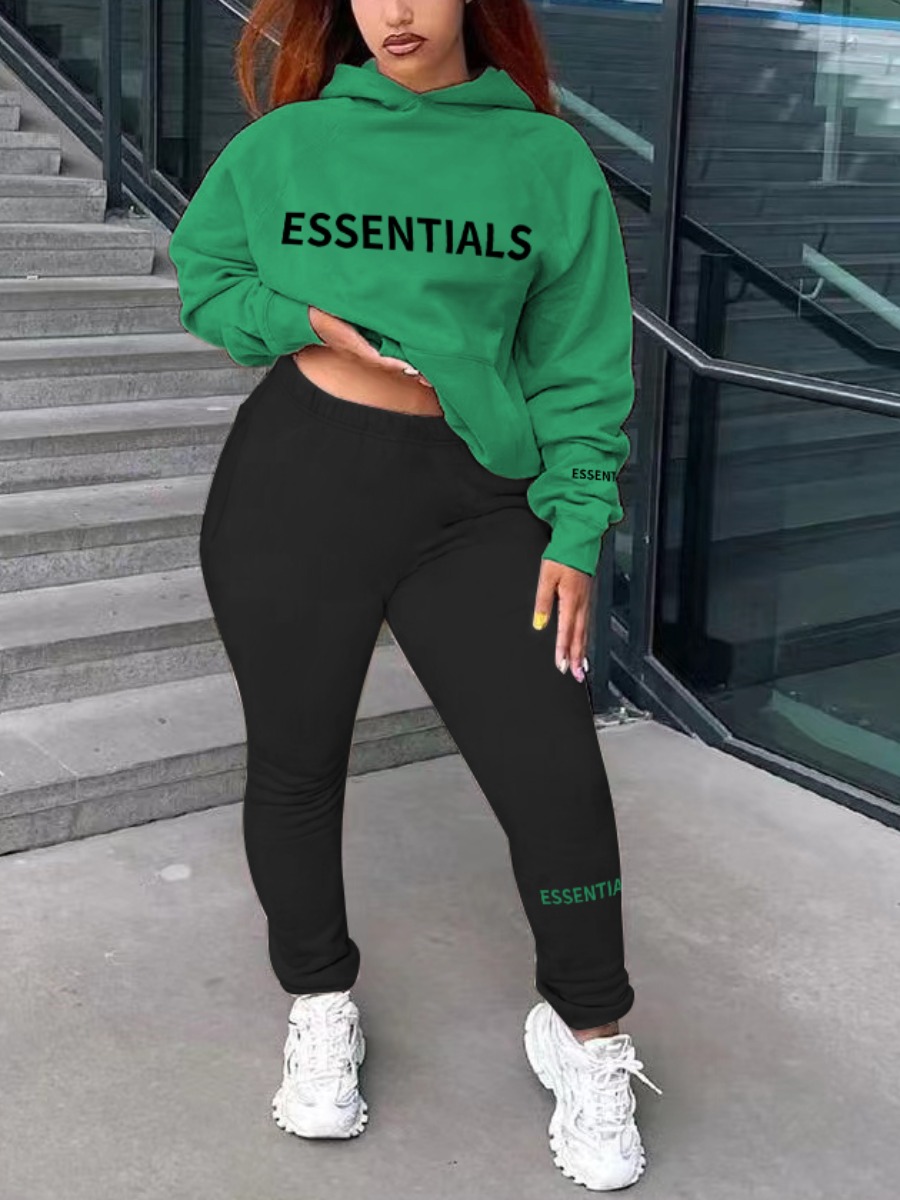 LovelyWholesale Plus Size Essentials Letter Print Kangaroo Pocket Tracksuit Set Fall Long Sleeve Casual Hooded Collar  4X Spring Summer 2024