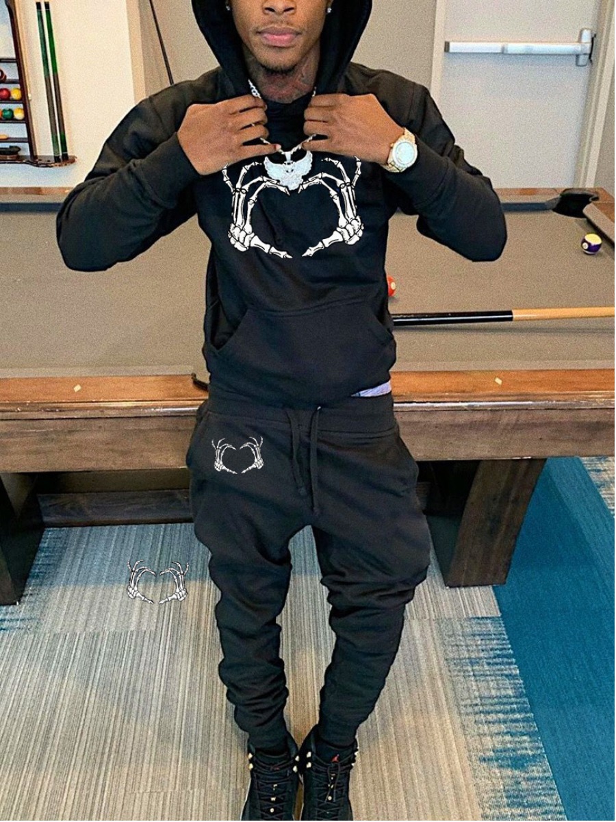 LW Men Skeleton Print Kangaroo Pocket Tracksuit Se