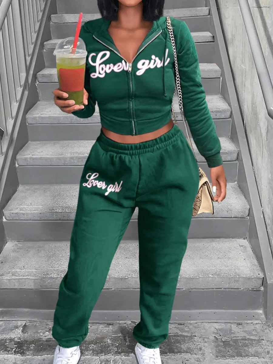 LW Hooded Collar Letter Print Tracksuit Set