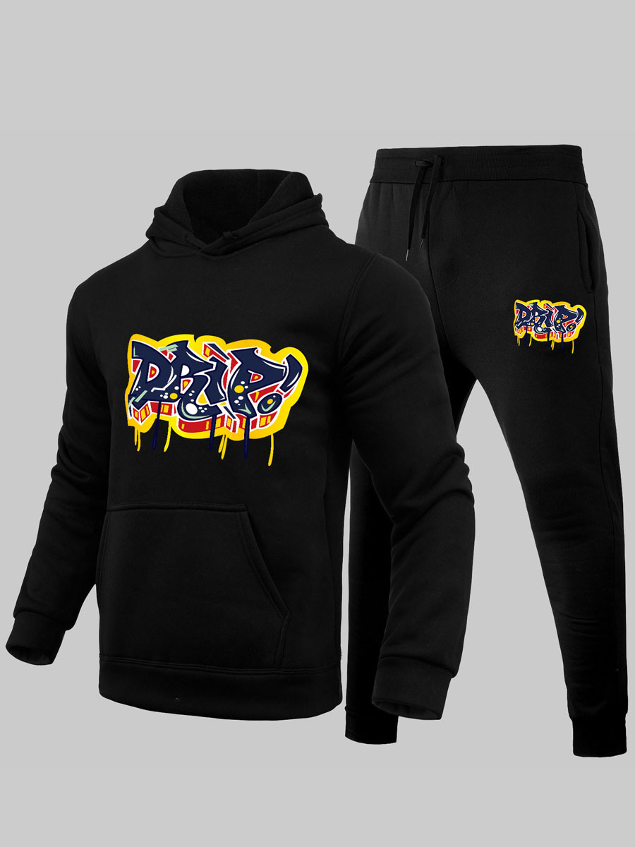 LW Men Letter Print Kangaroo Pocket Tracksuit Set
