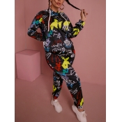 LW Hooded Collar Graffiti Print Tracksuit Set