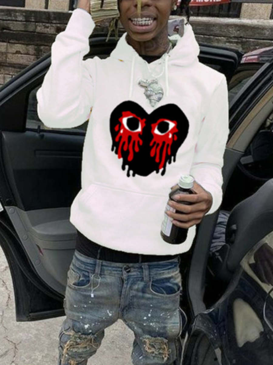 LW Men Heart Eye Print Kangaroo Pocket Hoodie