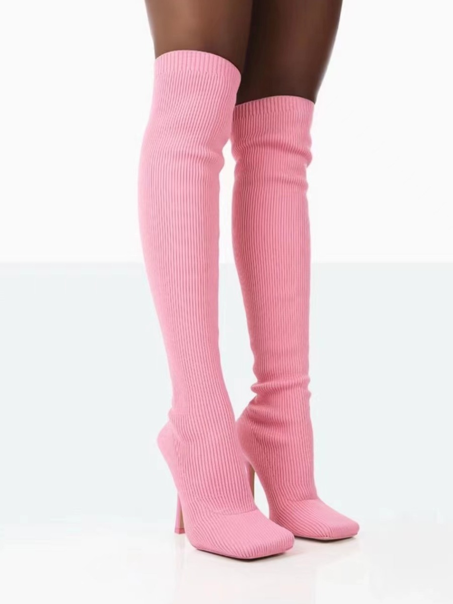 LovelyWholesale Square Toe Thigh High Boots Winter Stylish Basic Spring Summer 2024