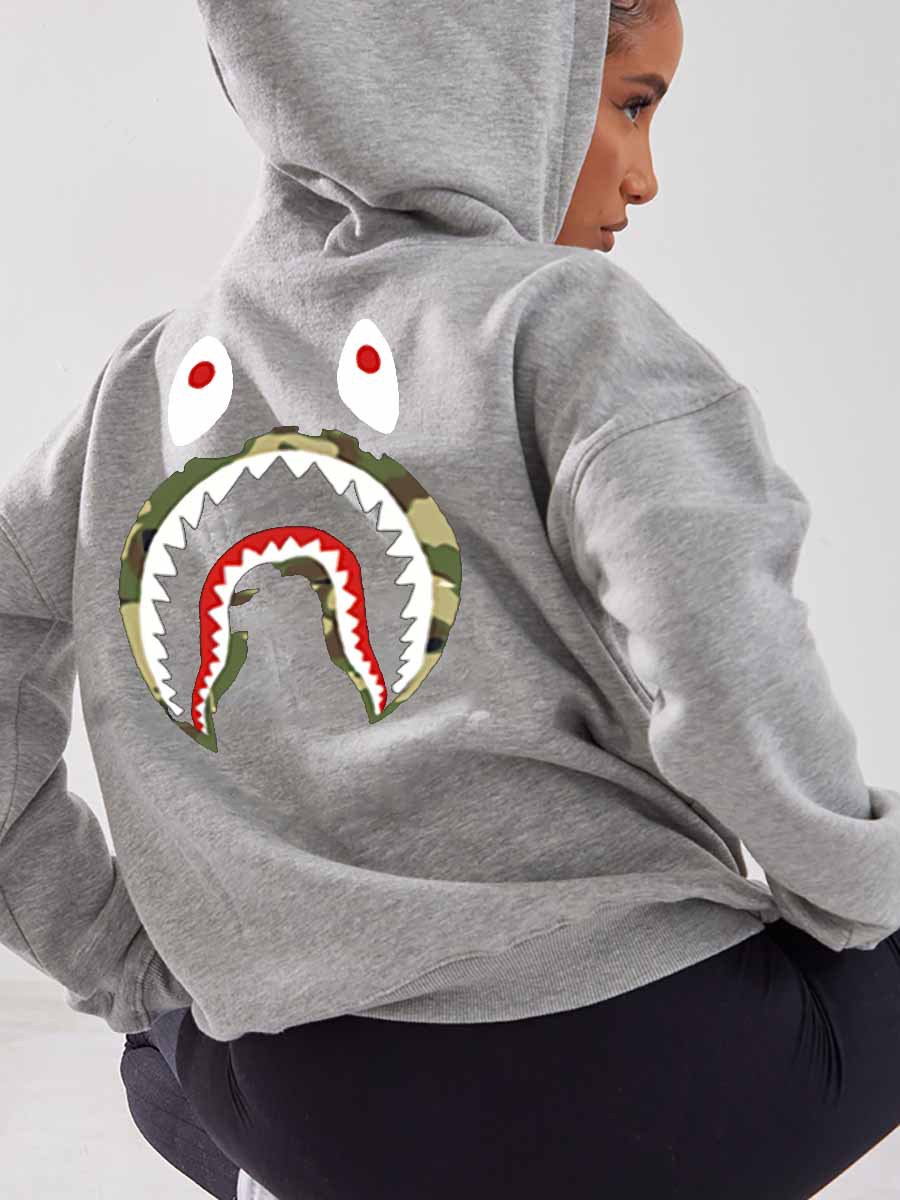 LovelyWholesale Fish Mouth Print Kangaroo Pocket Hoodie Fall Long Sleeve Casual Hooded Collar Spring Summer 2024